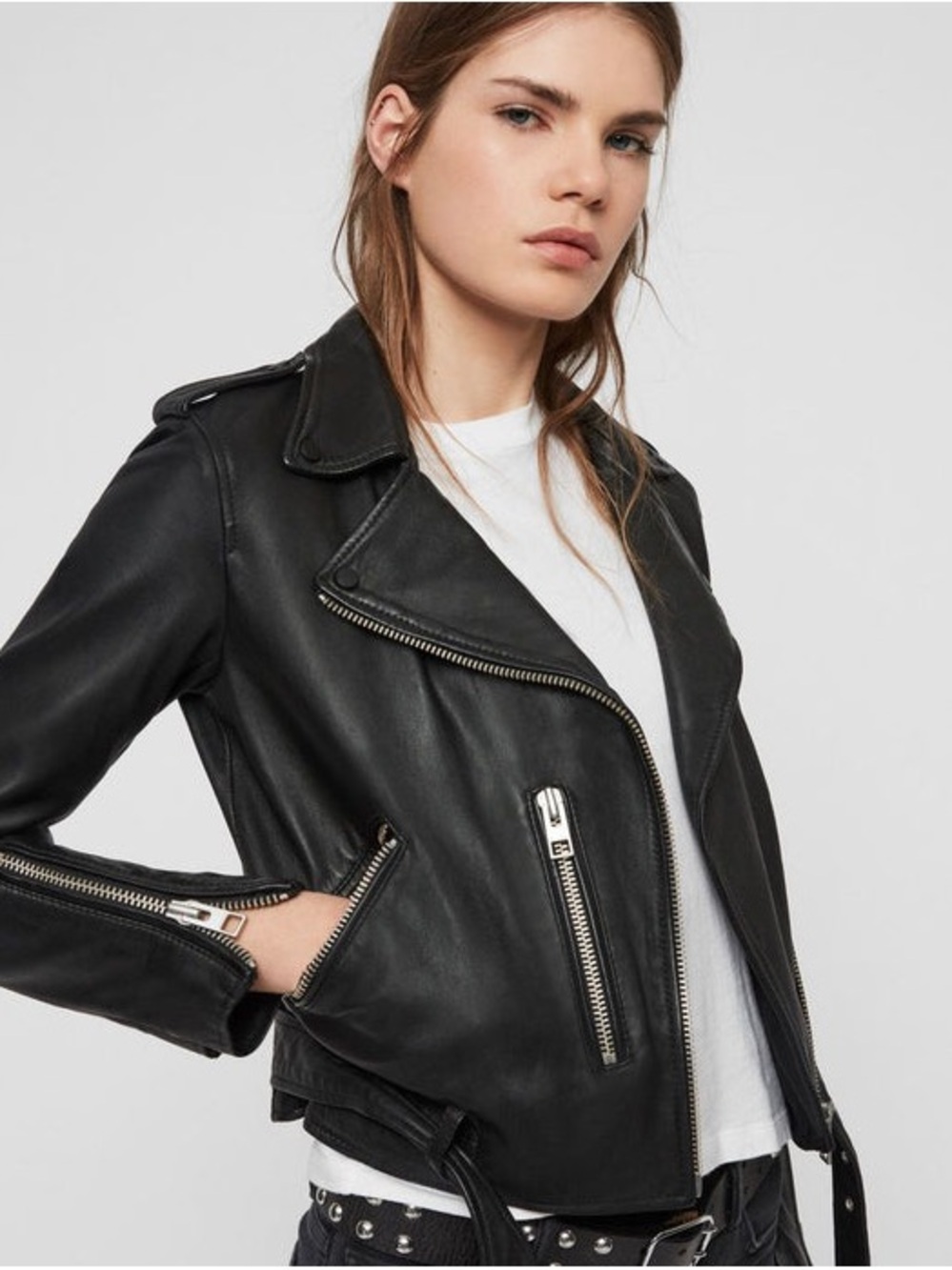 AllSaints Balfern Leather Jacket Black Moto Biker XXS US 0 - Picture 3 of 10
